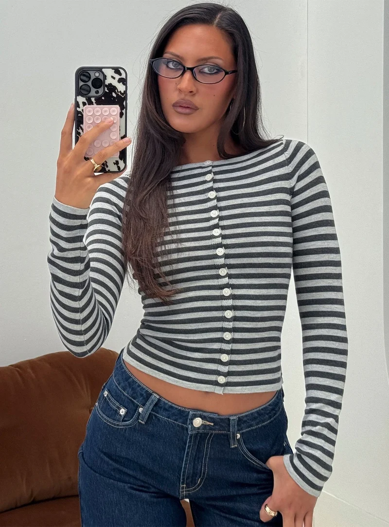 Vesira Button Detail Long Sleeve Knit Cardigan Stripe
