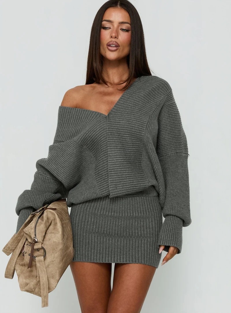 Jolanda Long Sleeve Plunge Knit Mini Dress Charcoal