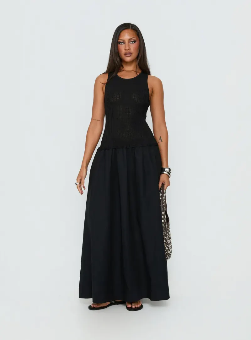 Carlene Shirred Drop Waist Maxi Dress Black