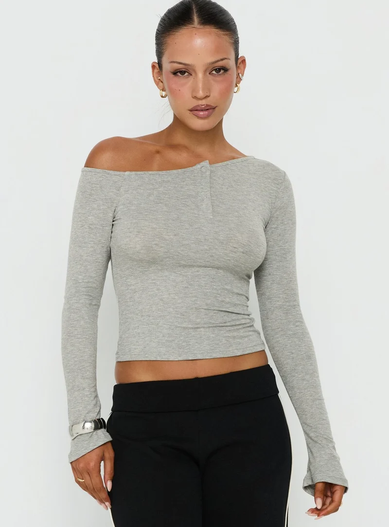 Kleoh Off Shoulder Long Sleeve Henley Top Grey Marle