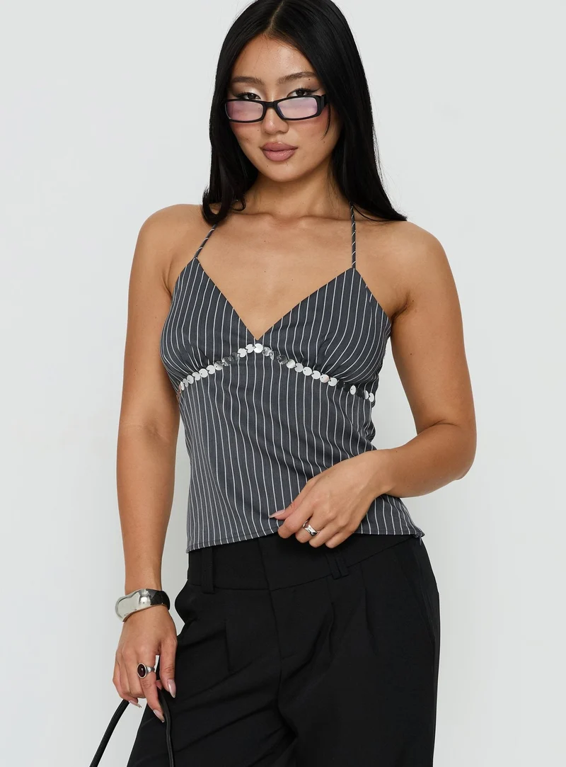 Zenas Sequin Detail Halter Top Grey Pinstripe
