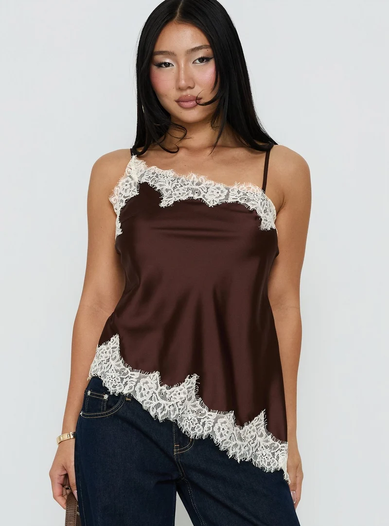 Winta Lace Trim Asymmetrical Satin Top Chocolate