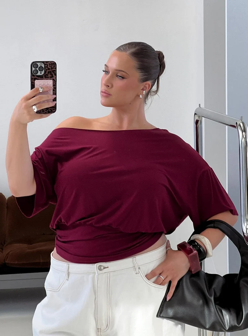 Ashlinn Off Shoulder Drapey Top Cherry Lacquer Curve