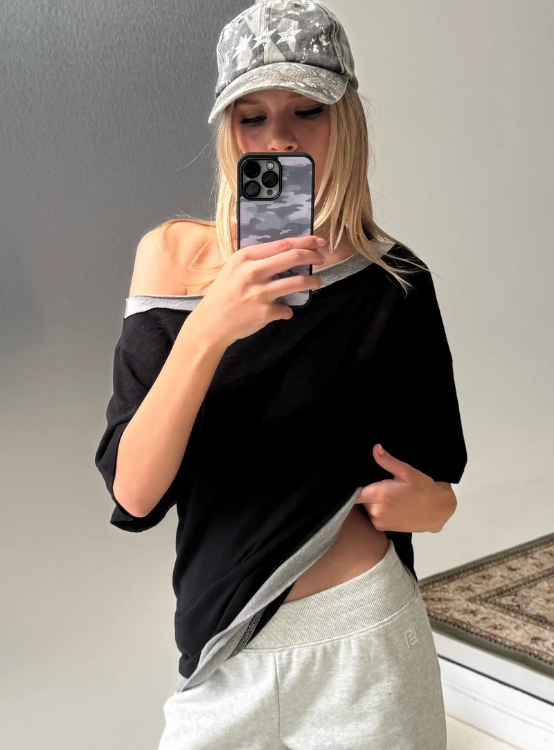 Celeia Layered Off Shoulder Tee Black / Grey