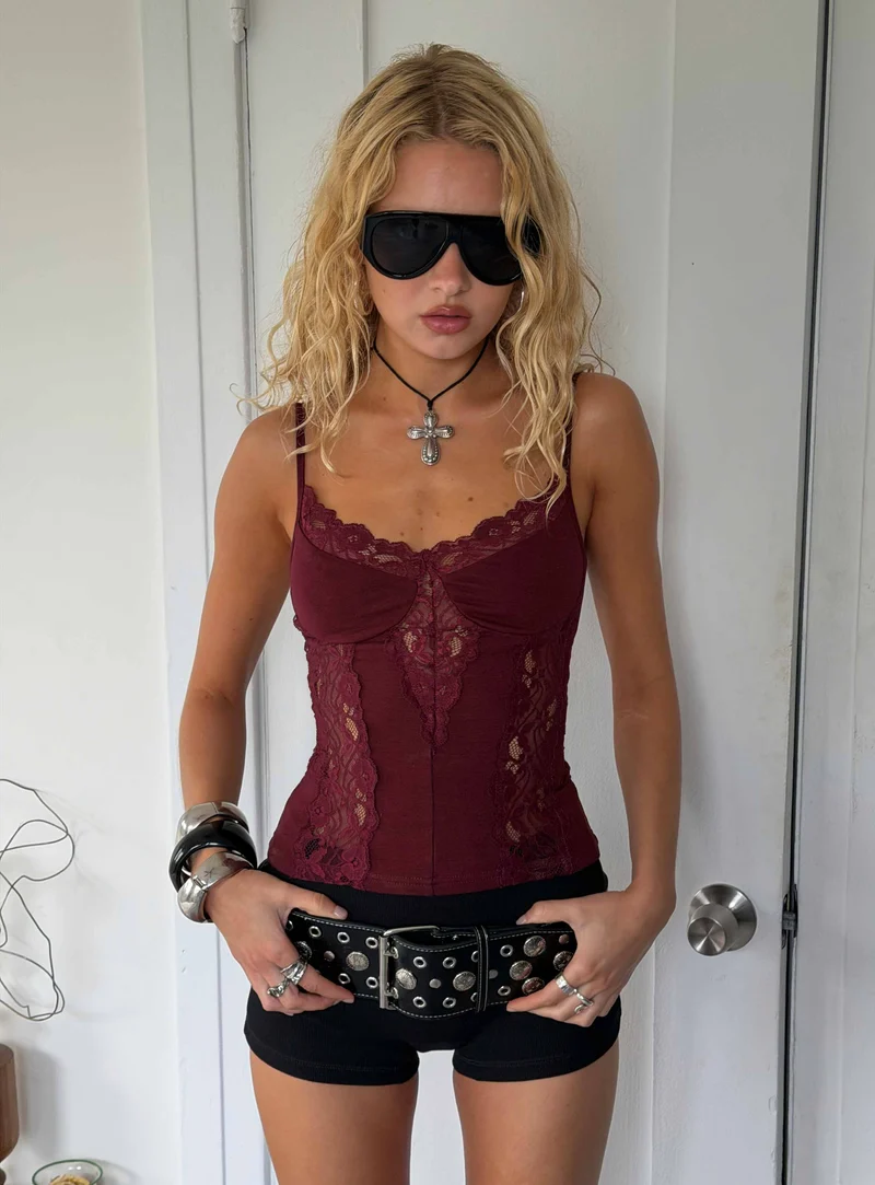 Rhiara Lace Trim Top Cherry