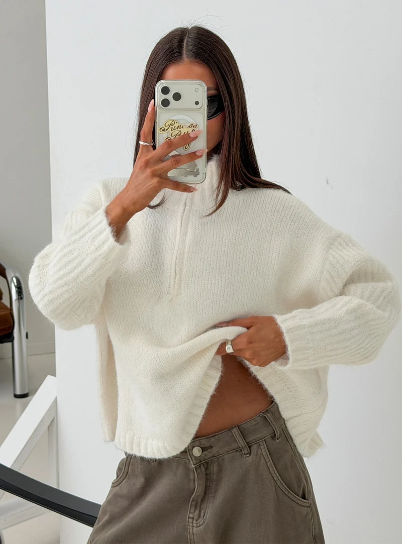 Klarina Rib Knit Quarter Zip Jumper Cream