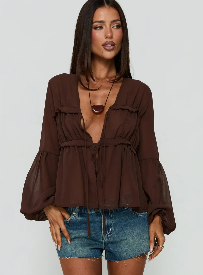 Chasing Sunsets Sheer Long Sleeve Top Chocolate