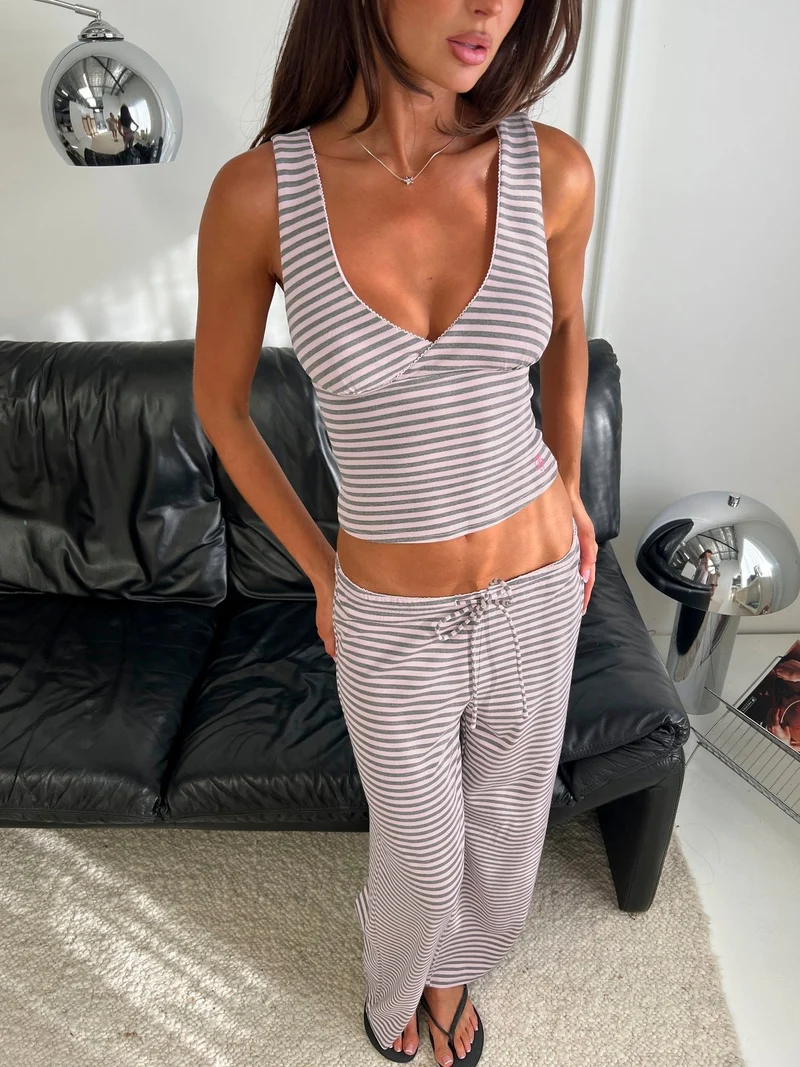 Allice Cross Front Sleep Top Pink / Grey Stripe