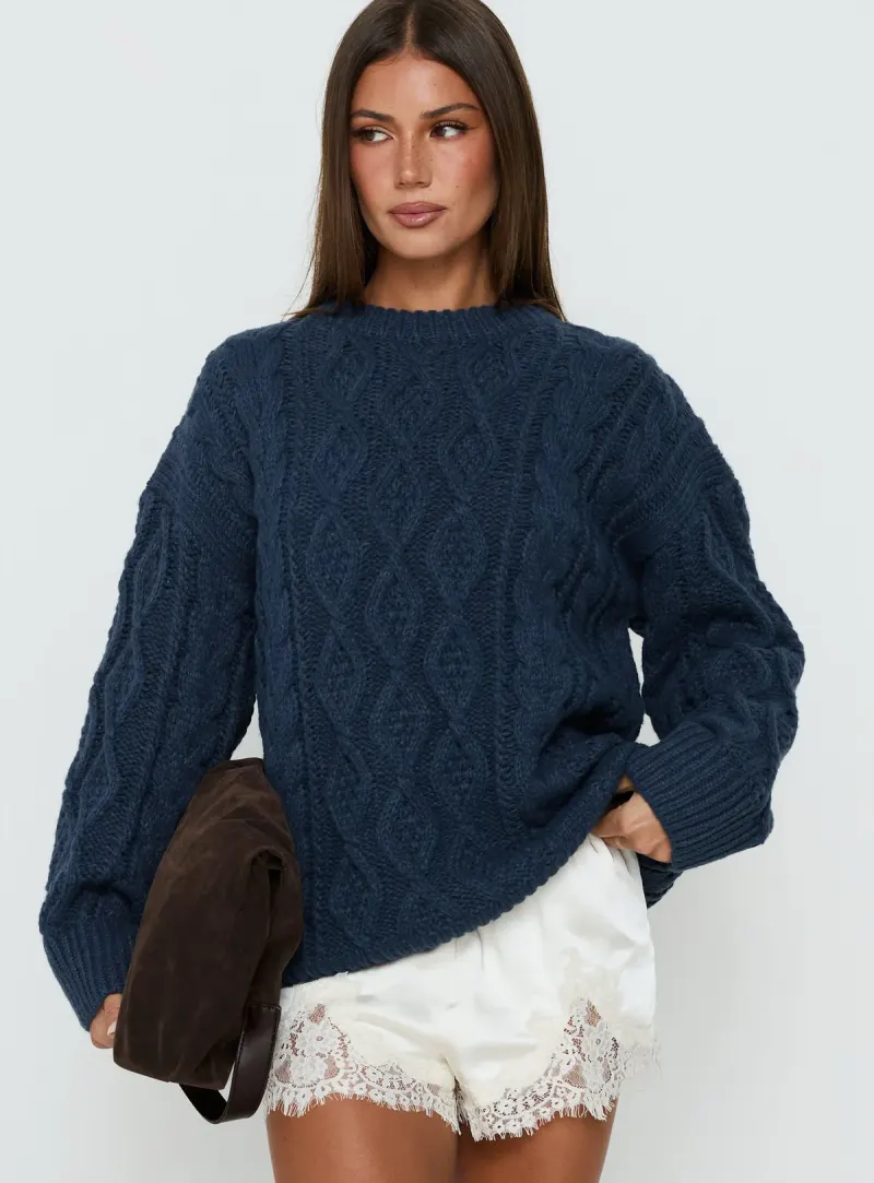 Rorey Cable Knit Crew Neck Sweater Navy