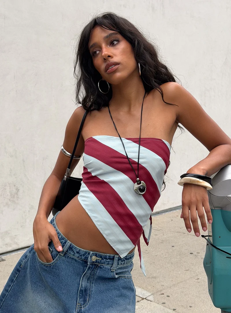 Lailana Tie Back Strapless Scarf Top Burgundy / Blue Stripe