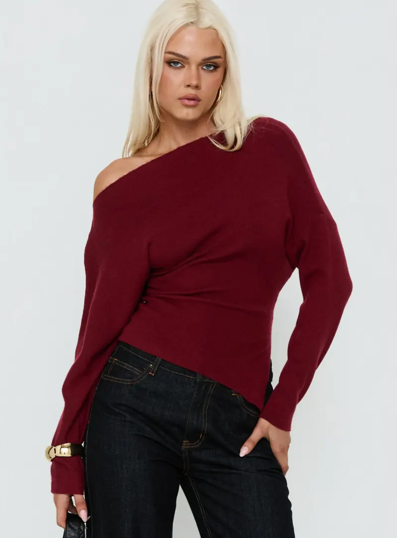 Kaelith Off Shoulder Knit Sweater Wine
