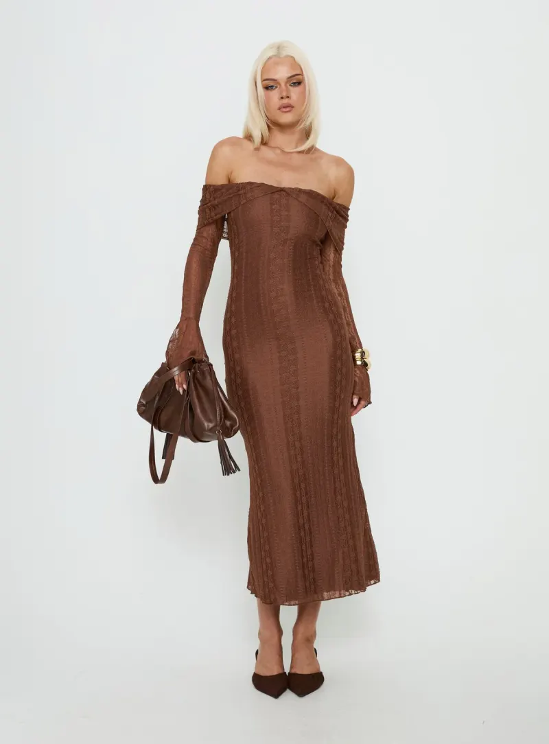 Perdita Long Sleeve Lace Maxi Dress Chocolate