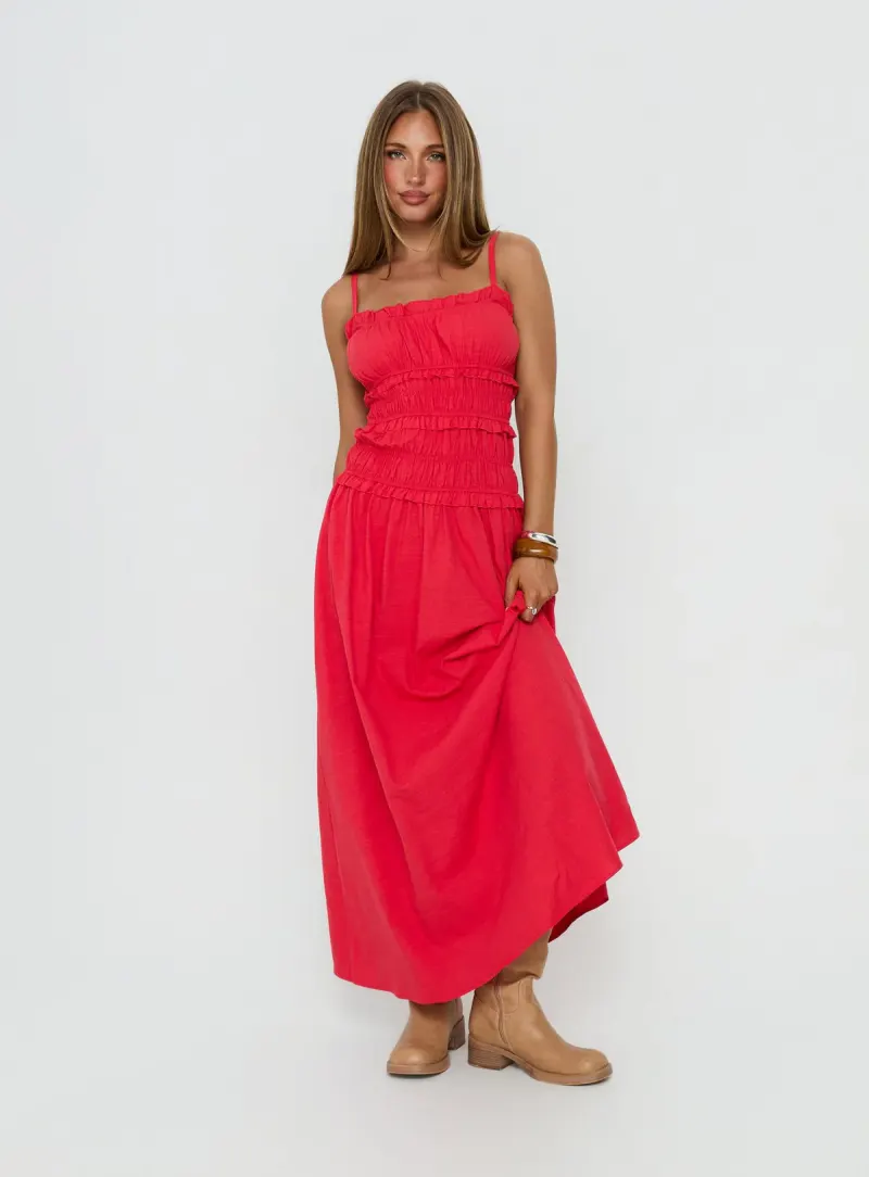Rubiella Shirred Maxi Dress Red