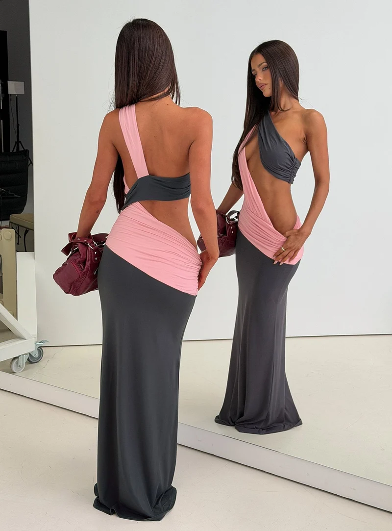 Loletta Draped One Shoulder Maxi Dress Charcoal / Pink