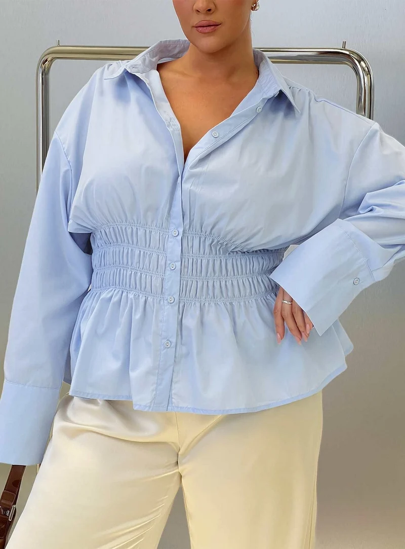 As You Are Shirred Button Up Top Soft Blue Curve