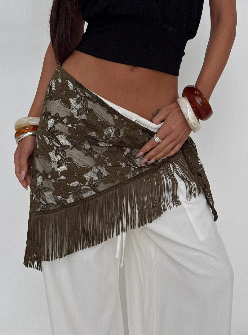 Elizebeth Tie Waist Tassel Belt Khaki