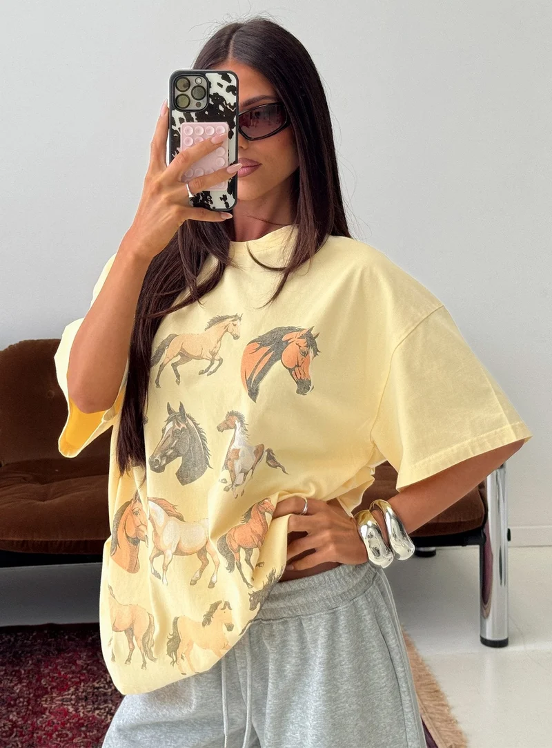 Horse Girl Oversized Graphic Tee Washed Yellow