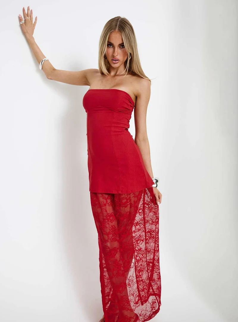 Aleda Sheer Lace Detail Strapless Maxi Dress Red