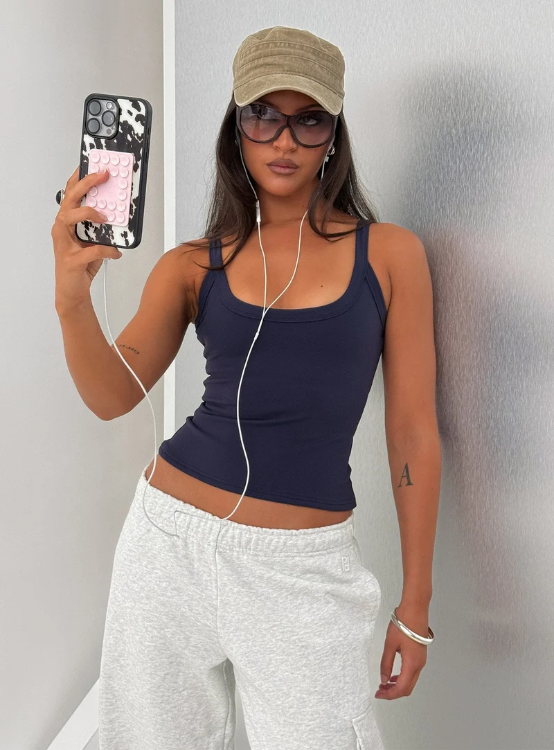 Kasper Cinched Longline Tank Top Navy