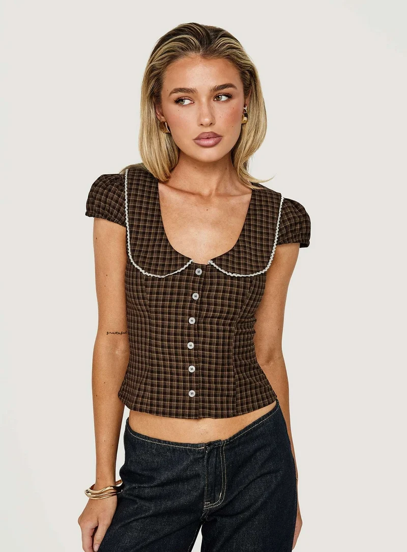 Gardinia Collared Button Down Top Brown Check