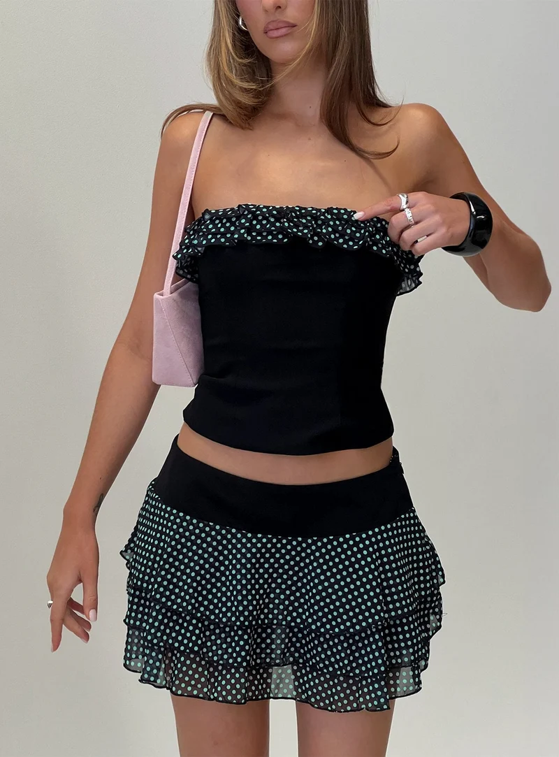 Attilia Frill Detail Strapless Top Black Polka Dot