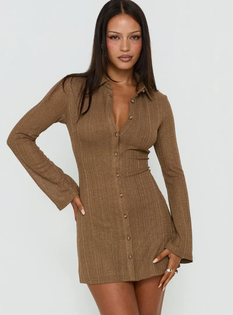 When You Sleep Long Sleeve Mini Dress Cocoa Brown