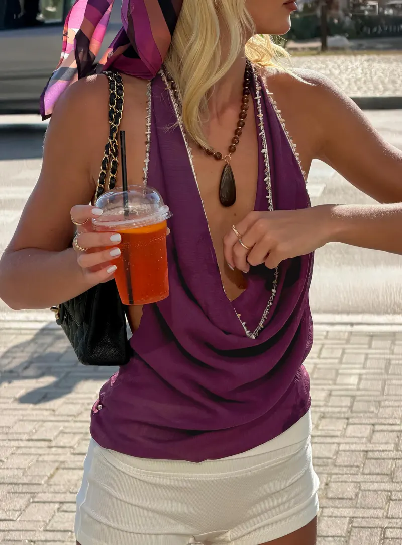 Static Romance Cowl Neck Backless Top Plum