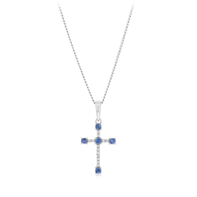 Natural Blue Sapphire and Diamonds Cross Pendant in 9ct White Gold