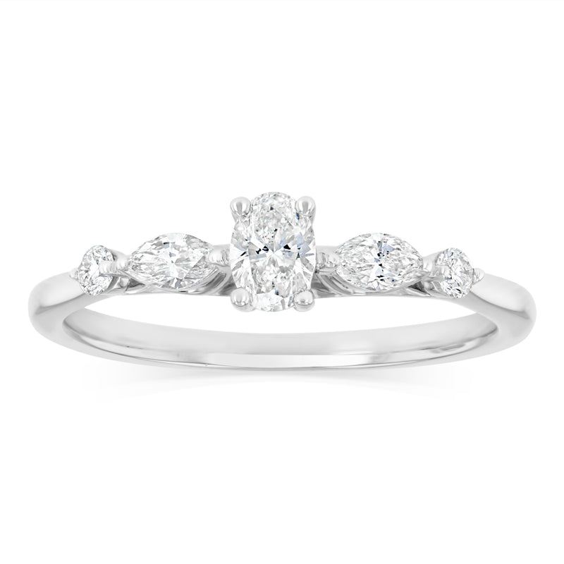 0.68 Carat Diamond Ring with Oval Cut Centre Diamond Surrounded by Brilliant and Marquise Diamonds in 14ct White Gold