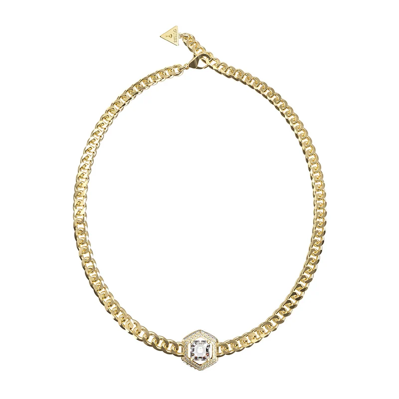 Guess Gold Plated Stainless Steel Octagon Stone Necklace