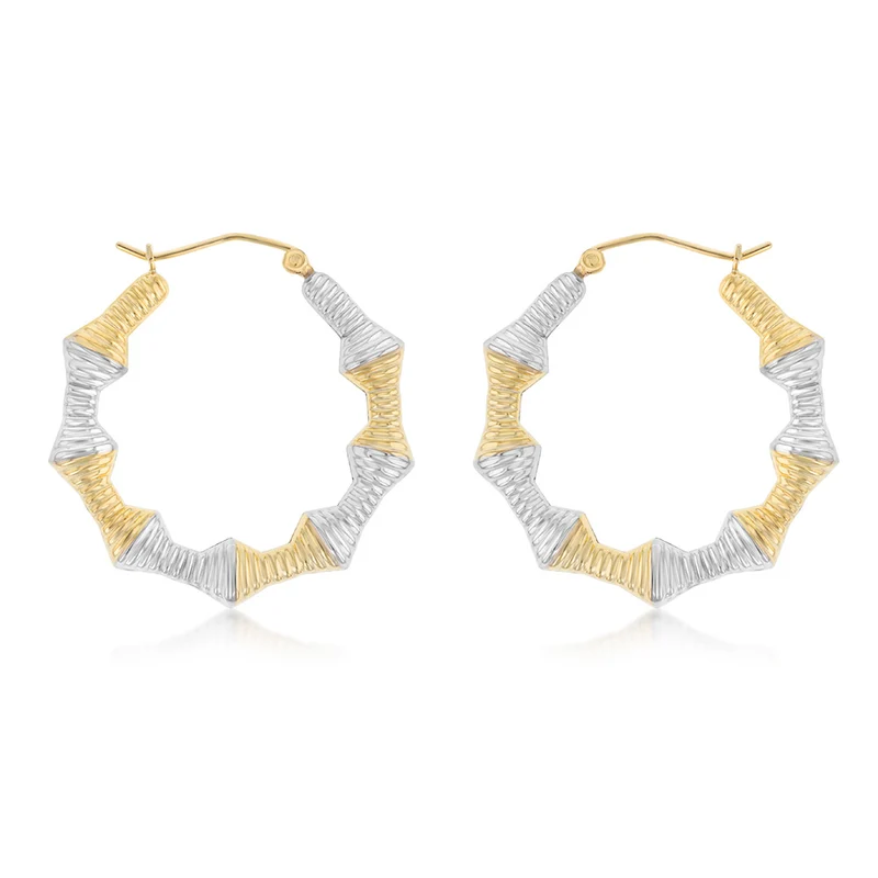 9ct Two Tone Gold Silverfilled Ribbed Bamboo Hoop Earrings
