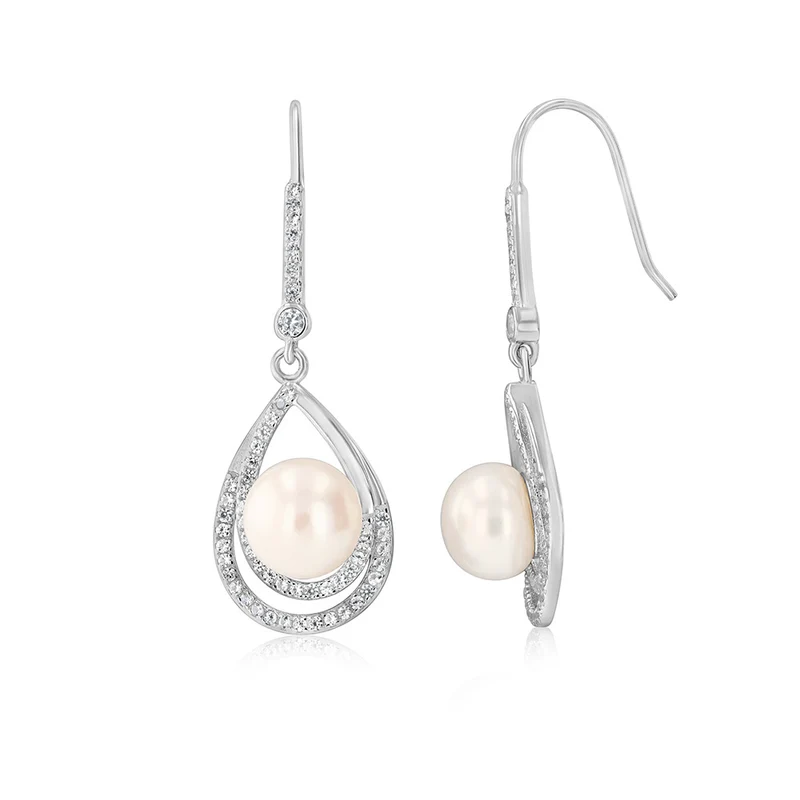 8-9mm White Freshwater Pearl and Created Sapphire Earrings in Sterling Silver