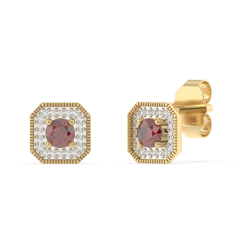 Created Red Garnet and Diamond Stud Earrings in 9ct Yellow Gold