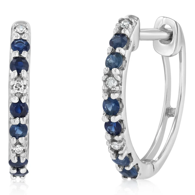 Natural Blue Sapphire and Diamonds Hoop Earrings in 9ct White Gold