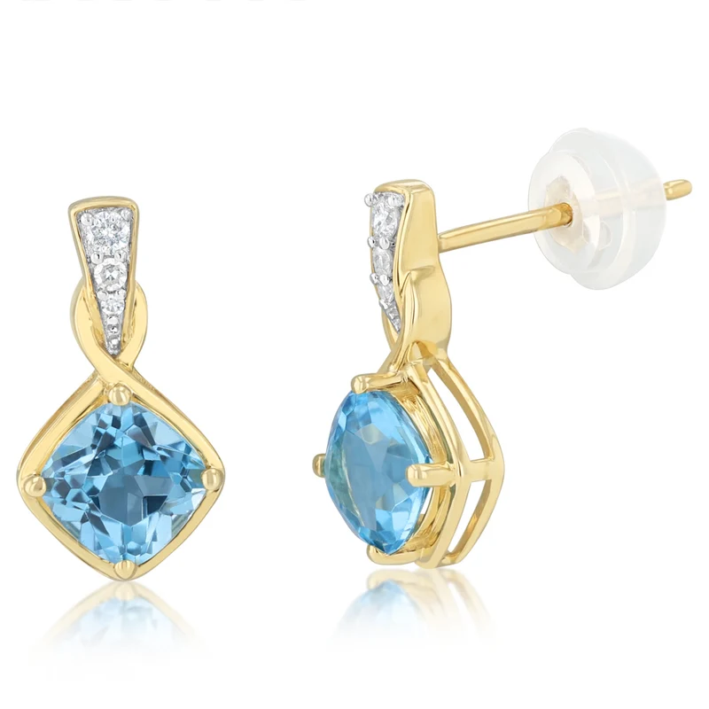 Swiss Blue Topaz and Diamond Drop Earrings in 9ct Yellow Gold