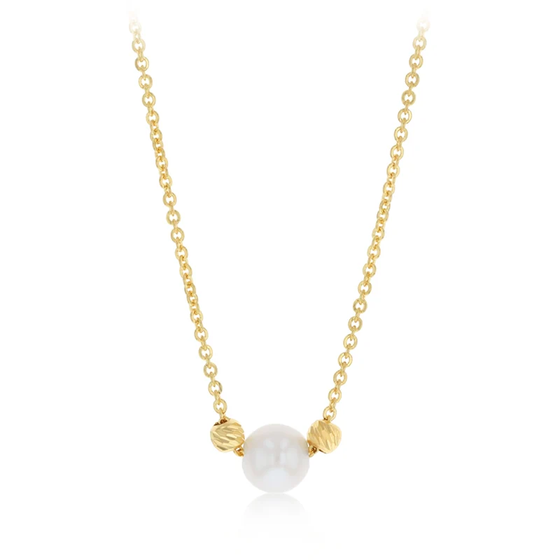9ct Yellow Gold Silver Filled Pearl and Hammered Rolo Necklace