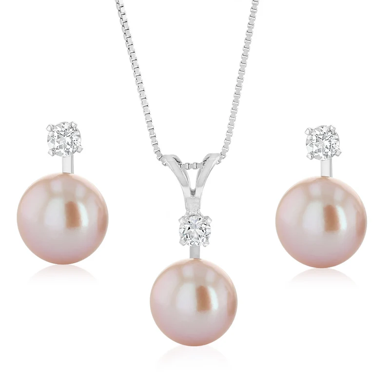 8-9mm Pink Freshwater Pearl Pendant and Earrings Matching Set in Sterling Silver