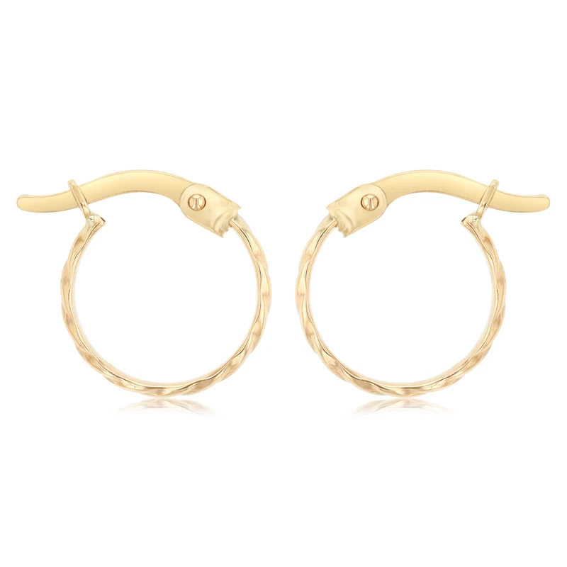 9ct Yellow Gold Dicut 10mm Hoop Earrings