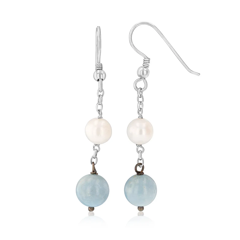 6-7mm White Freshwater Pearls and Aquamarine Earrings in Sterling Silver