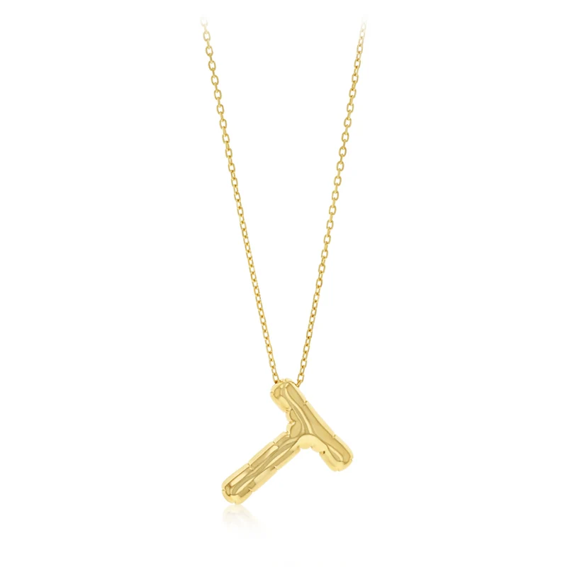 9ct Yellow Gold Initial 'T' Puffed Pendant on 43cm Chain
