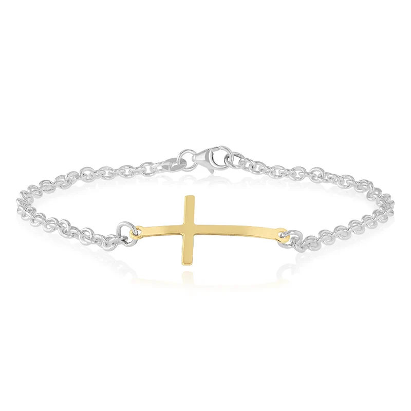 9ct Yellow Gold and Sterling Silver Cross 19cm Bracelet