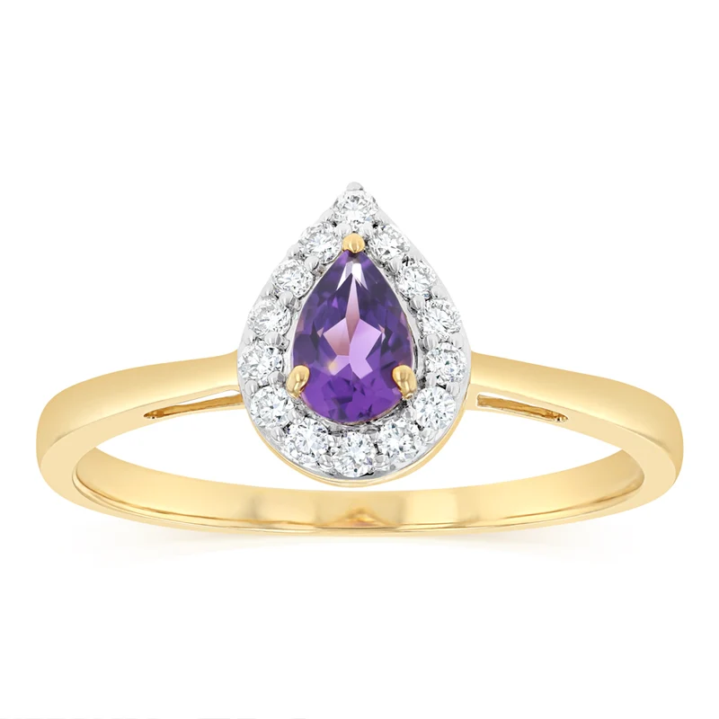 Luminesce Lab Grown 1/6 Carat Diamond and Amethyst Ring in 9ct Yellow Gold