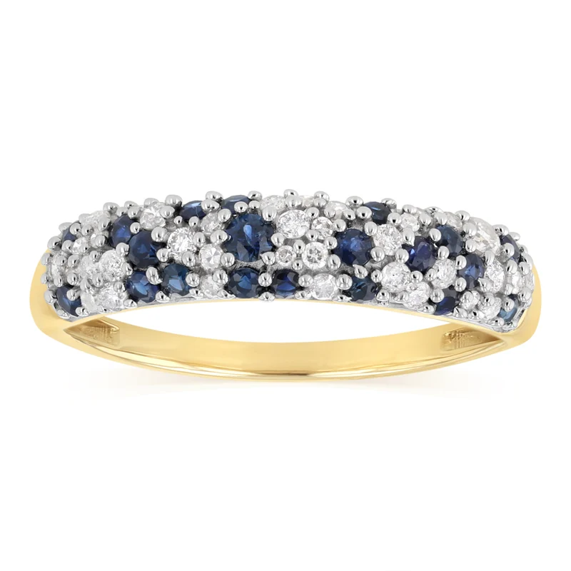 Natural Blue Sapphire and 1/4 Carat Diamond Ring in 9ct Yellow Gold