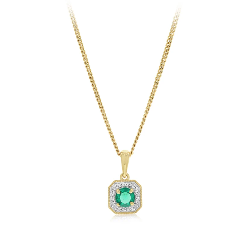 Created Emerald and Diamond Pendant in 9ct Yellow Gold