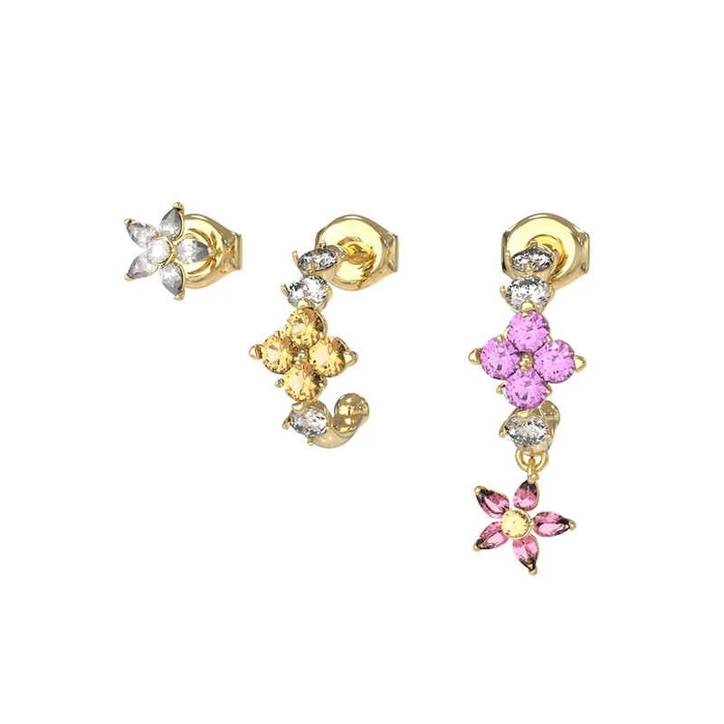 Guess Gold Plated Stainless Steel Crystal Flowers Set Earrings