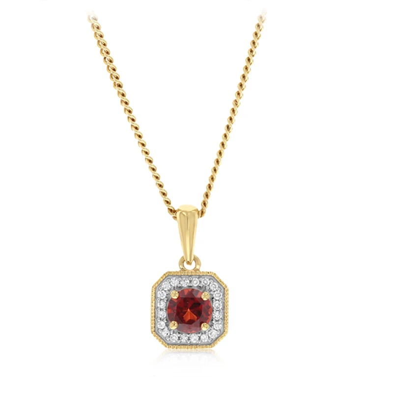 Created Red Garnet and Diamond Pendant in 9ct Yellow Gold