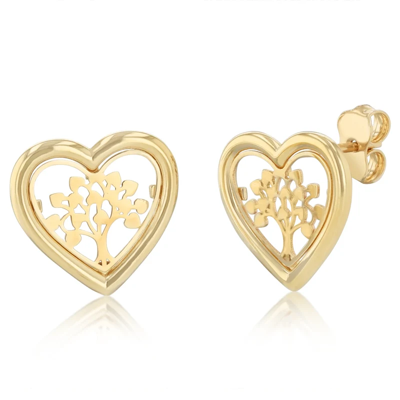 9ct Yellow Gold Tree of Life Heart-Shaped Stud Earrings