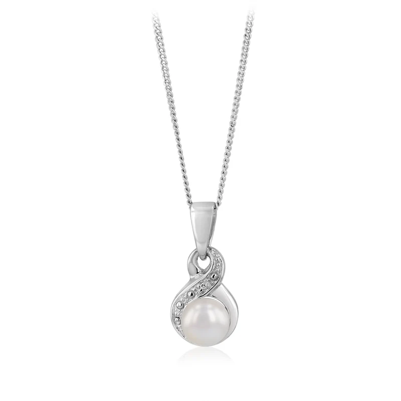Fresh Water Pearl & Small Diamond Pendant in Sterling Silver