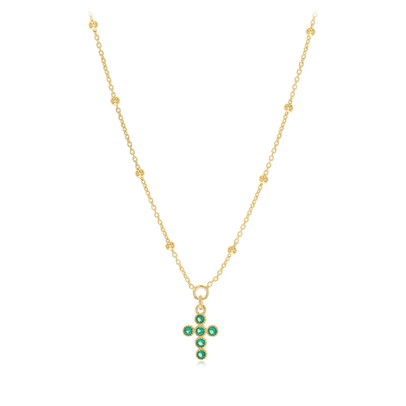 Gold Plated Sterling Silver Green CZ Cross Necklace