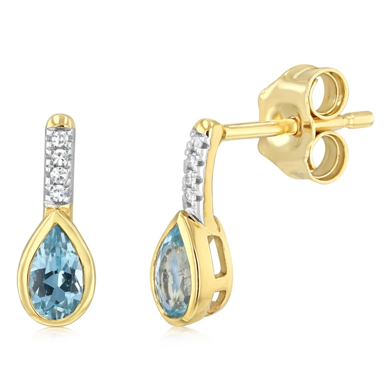 Created Blue Topaz and Diamond Drop Earrings in 9ct Yellow Gold